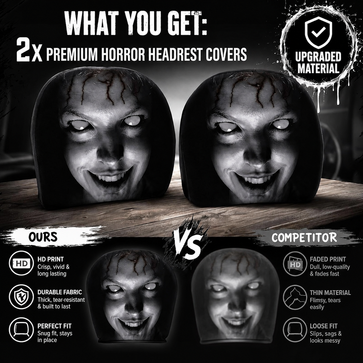 Creepy Car Headrest Covers – 2 COVERS