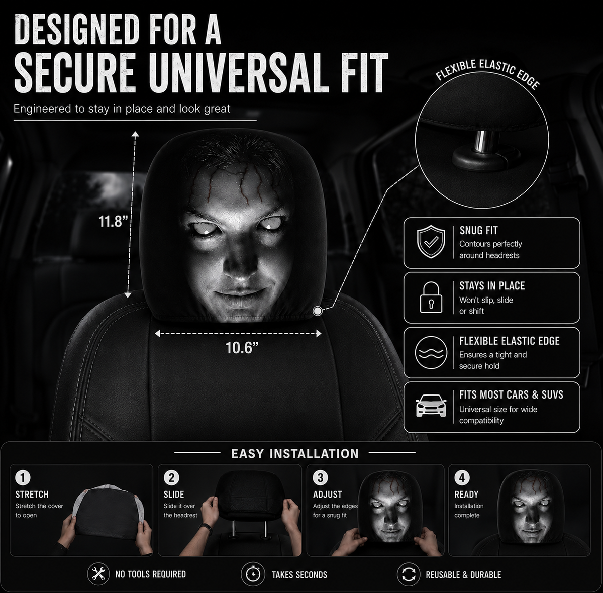Creepy Car Headrest Covers – 2 COVERS